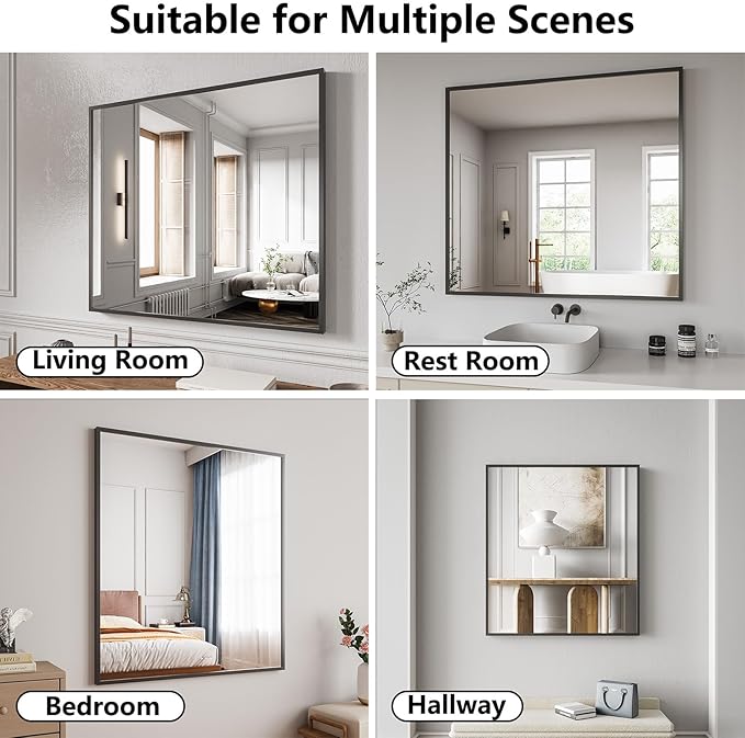 Koonmi Bathroom Mirror 36x40 Bathroom Wall-Mounted Mirrors, Modern Vanity Mirror for Bedroom, Living Room, Aluminum Alloy Frame Allow to Hang Horizontally or Vertically