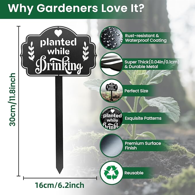 CUTHOLLOW Metal Plant Marker Stake Planted While Drinking for Outdoor Indoor, Waterproof 11.8 inch Cute Garden Plant Labels Sign Tag for Vegetables, Farmhouse Greenhouse Decor - Funny Gardening Gifts