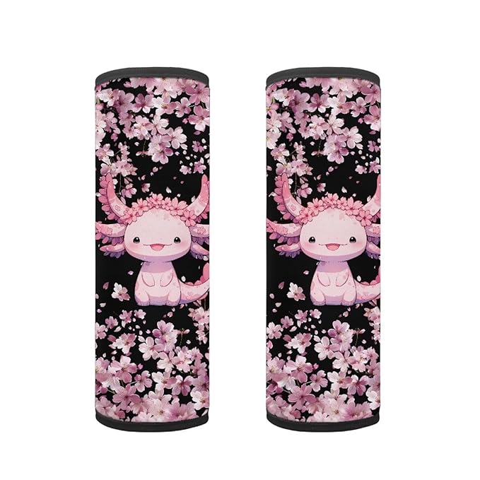 Biyejit 2 Pack Baby Car Seat Belt Covers, Cherry Blossom Axolotl Car Seat Strap Covers for Boys Girls, Soft Car Seat Neck Cover, Newborn Car Seat Straps Shoulder Protectors
