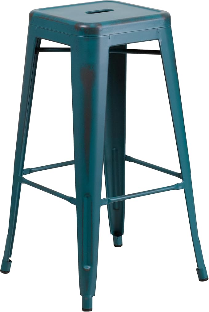 Flash Furniture Kai Commercial Grade 30" High Backless Distressed Kelly Blue-Teal Metal Indoor-Outdoor Barstool