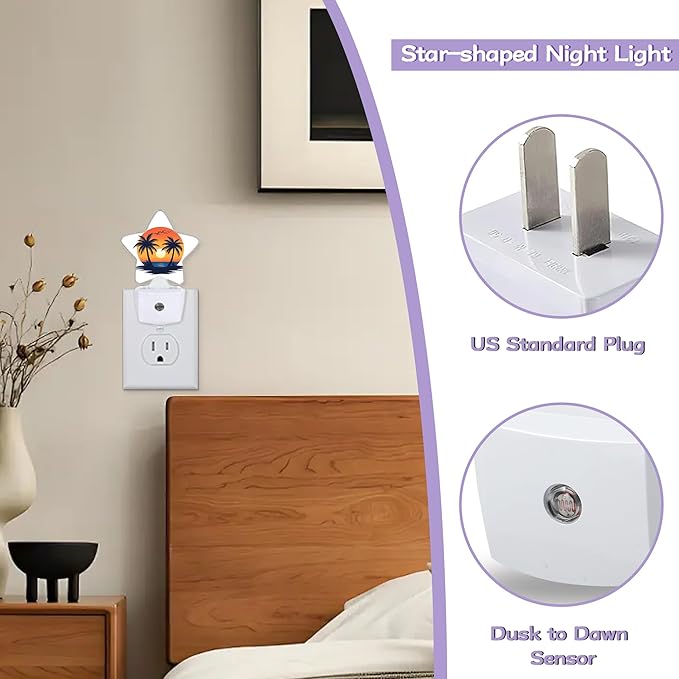 Beach Sunset Night Lights Plug Into Wall Decorative,Palm Trees Nightlight with Dusk Sensor for Bathroom,Kitchen,Entryway,Room Accent,Gifts