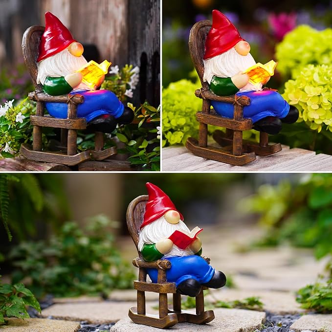 Gnome Reading Solar Statue - Outdoor Solar Gnome Reading on a Chair Garden Decor - Unique Design Ideal Gifts for Women,Mom