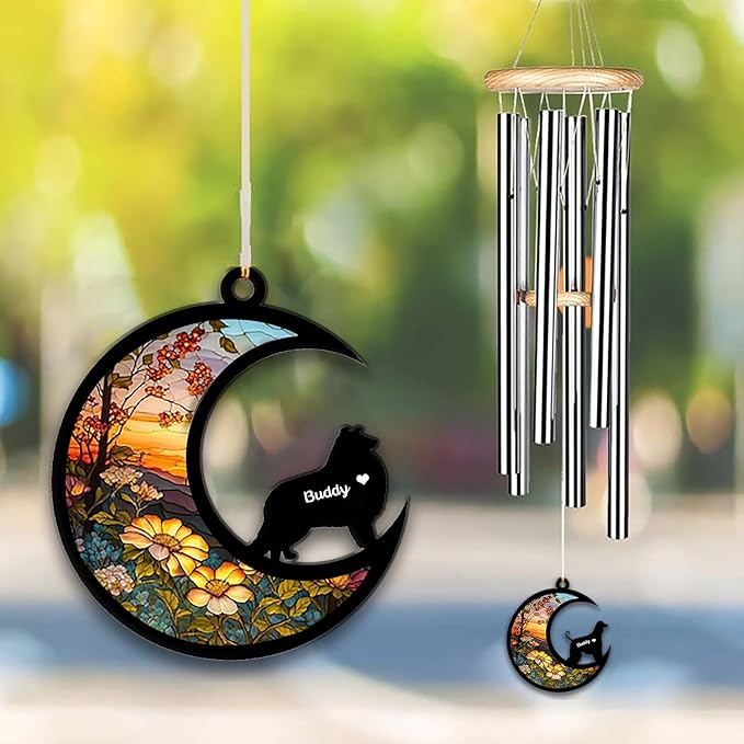 Rough Collies Sun Catcher Wind Chime, Custom Sunflower Suncatcher Dog Memorial Wind Chime, Dog Loss Gift, Dog Sympathy Gift, Pet Loss Suncatcher, Outdoor Garden Decor