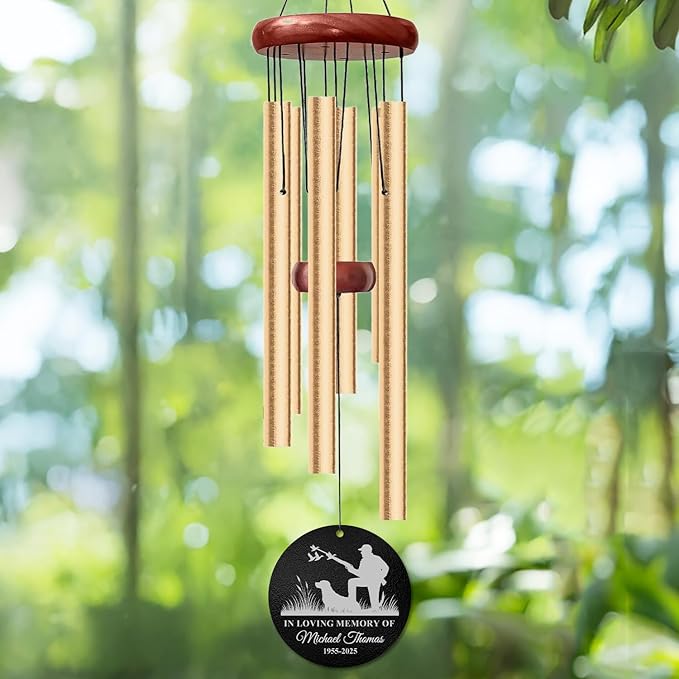 Personalized Hunter & Dog Memorial Wind Chime – “in Loving Memory of” Golden Engraved Hunting Scene – Custom Name & Years Sympathy Gift – Windchimes for Loss of Loved One – Nature Tribute Décor