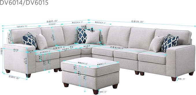 Devion Furniture Philly Sectional Modular Sofa with Ottoman for Living Room, Apartment, Bedroom, Office, Dorm