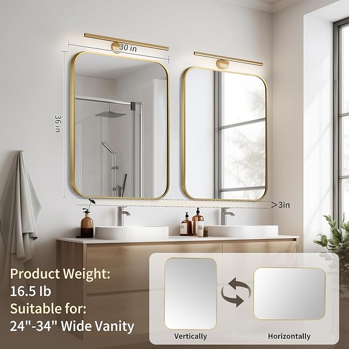 Gold Bathroom Mirror, 30x36 Inch Aluminum Frame Rectangle Mirror, Anti-Rust, Tempered Glass, Wall Mirror for Over Sink, Vanity, Bedroom, Entryway, Horizontal/Vertical