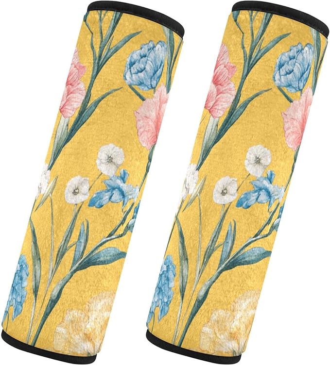 Car Seat Belt Covers Set of 2 Soft Auto Seatbelt Shoulder Pad for Adults Child Kids S Florals Carnation Delphinium Flower Yellow