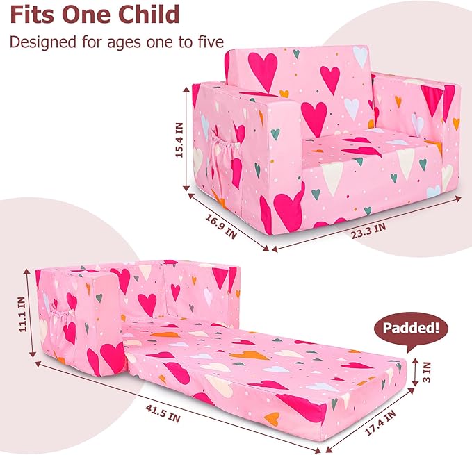 Kids Couch, 2-in-1 Kids Fold Out Sofa, Convertible Toddler Couch to Lounger for Girls and Boys, Soft Toddler Chairs Comfy 1-3 Years Old(Pink Heart)