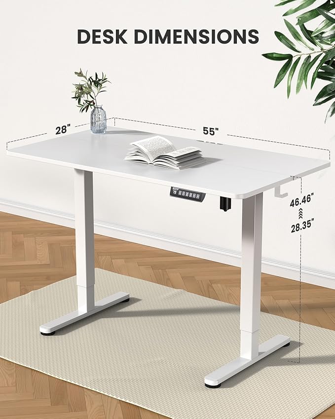 ErGear Height Adjustable Electric Standing Desk, 55 x 28 Inches Sit Stand up Desk, Large Memory Computer Home Office Desk with Two-Piece Desktop (White)