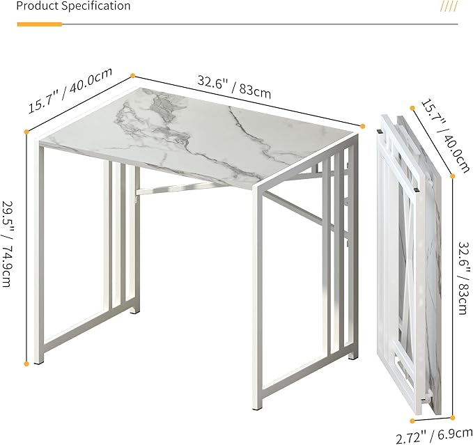 32 inch Folding Small Desk, Writing Gaming Computer Camping Desk for Small Spaces, No Assembly Required Home Office Desk, White Marble