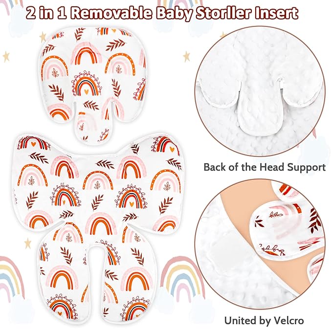 Pea Pod Baby Car Seat Head Support for Newborn, 2 in 1 Infant Car Seat Head Support for Boys Girls Extra Soft Breathable Baby Car Seat Cushion Insert for Strollers, Swings, and Bouncers, Boho Rainbow