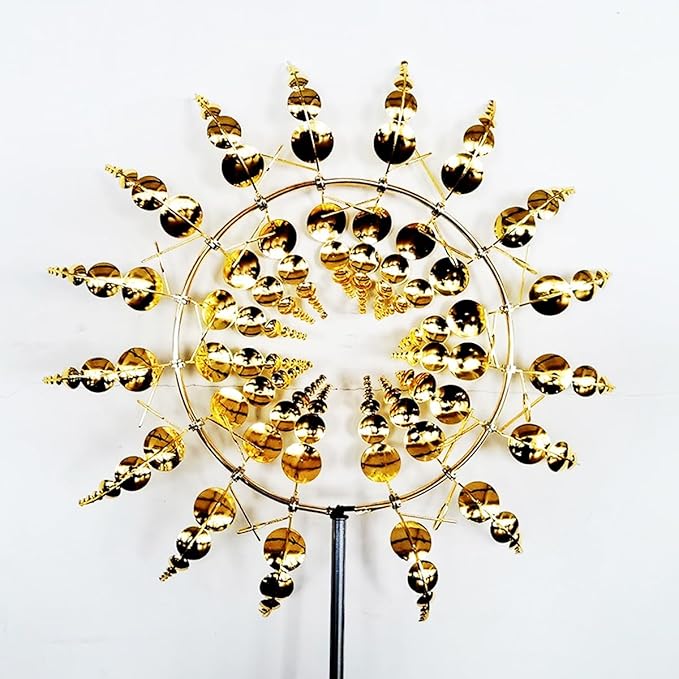 Unique and Magical Metal Windmill, 2Pcs Wind Spinners, 3D Wind Powered Kinetic Sculpture, Stainless Steel Wind Spinners, Wind Mill for Yard and Garden (2PCS-Golden)