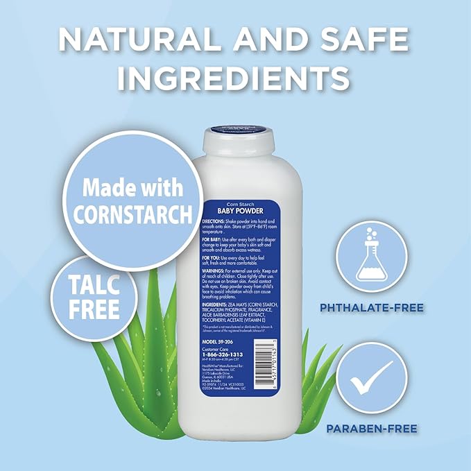 HealthWise Corn Starch Baby Powder | Aloe + Vitamin E | Talc Free | Paraben & Phthalate Free | Absorbs Moisture | 15 oz (425g)