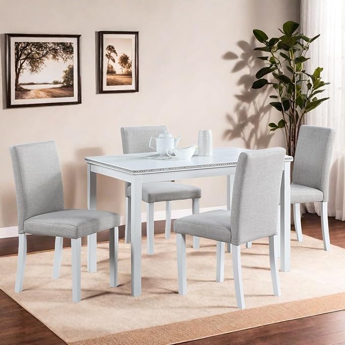 Dining Table Set for 4, 5-Piece Dining Room Table Set with Rectangular Crystal Decoration Table & 4 Upholstered Backrest Chairs, Counter Height Kitchen Sets with MDF Tabletop, White
