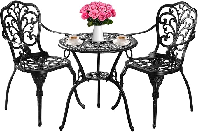 Bistro Set 3 Piece Outdoor, Bistro Table and Chairs Set of 2, All Weather Patio Bistro Set with Umbrella Hole, Patio Set for Garden, Black