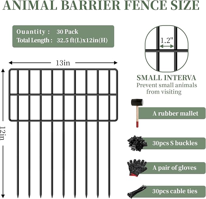 30 Panels Garden Animal Barrier Fence, 32.5ft(L) x 12in(H) No Dig Decorative Fence, 1.2in Spike Spacing Rustproof Metal Garden Fence Border for Dogs Rabbits, Bottom Blocker for Outdoor Yard
