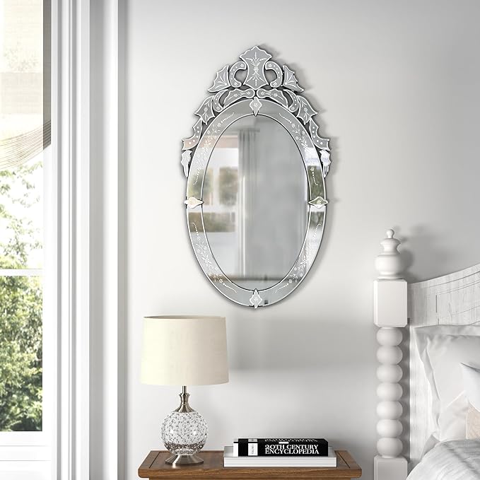 KOHROS Oval Bathroom Mirror 42" x 24" Venetian Mirror with Top Crown Floral Etched Frameless Decorative Wall Mirror for Vanity Bathroom Bedroom Living Room