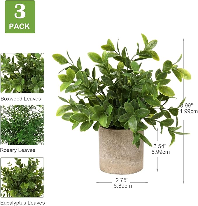 Briful Artificial Potted Plants Set of 3 Small Faux Plant Eucalyptus Mini Fake Plant Decor for Home Table Office Room Desk Bathroom Shelf Kitchen Rustic Farmhouse Mantel Decoration