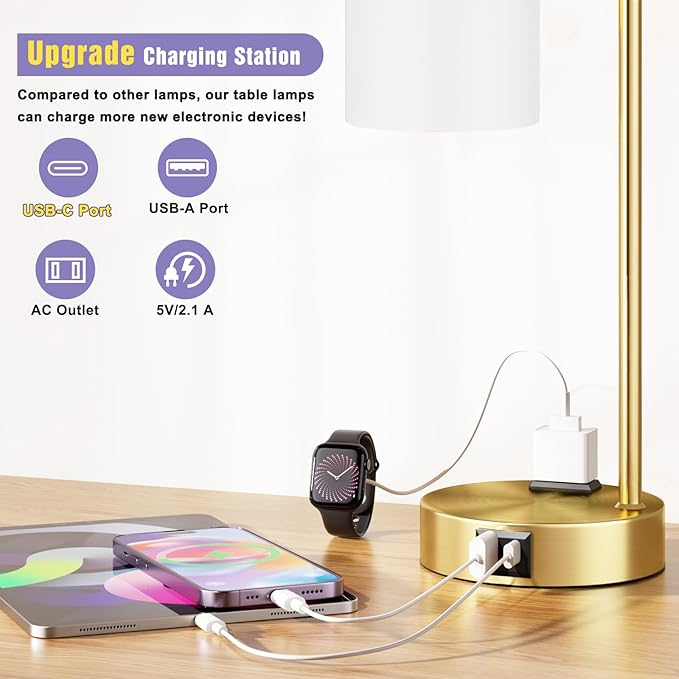 Innqoo Industrial Gold Table Lamps for Bedrooms Set of 2-3-Way Dimmable Desk Lamp with USB C+A Ports and Outlet, Gold Lamps with Opal Glass Shade for Living Room, Desk Lamps for Home Office