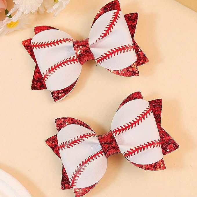 Baby Girl Hair Bow Clips Sports Hair Bow Clips, Baseball Softball Football, Faux Leather Glitter Sequin, 6 Pack, Girls Cheerleading Game Day Accessories for Little GirlsToddler Kids Teens
