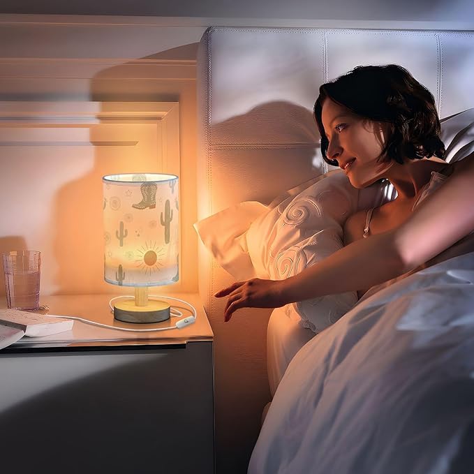 Bedside Table Lamp Western Cowboy Boots Cactus Nightstand Lamp with Wood Desk Lamps for Bedroom Living Room Nursery Office Home Decor