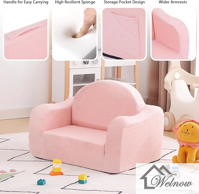 Welnow Kids Sofa, 2-in-1 Soft Sherpa Toddler Chair, Convertible Toddler Couch Lounger, Flip Out Kids Couch Chair with Side Pockets & Removable Cover for Girls and Boys, Pink