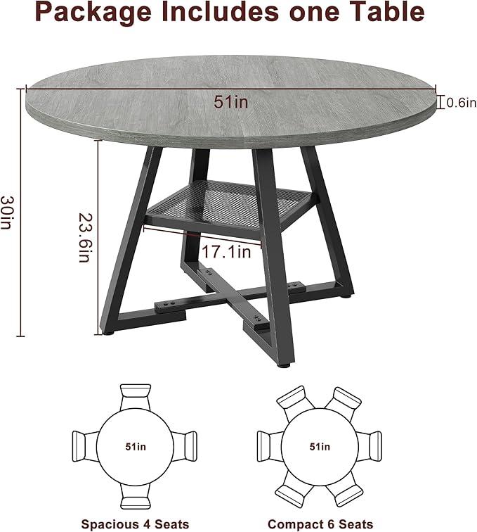 51" Round Dining Table for 6,Kitchen Dining Room Circle Dinner Pedestal Table,Space Saving Wood Kitchen & Dining Room Furniture (Grey, 51In)