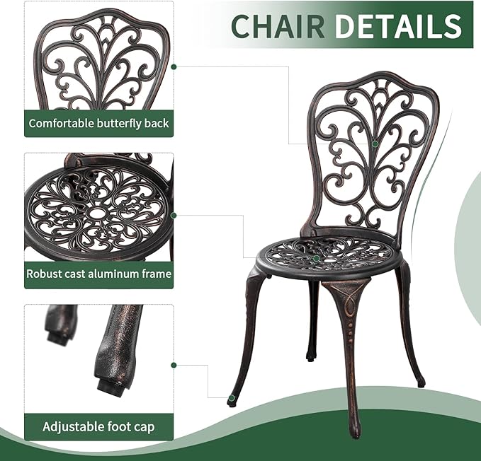 Outdoor Bistro Set 3 Piece Patio Bistro Set with Umbrella Hole, Weather Resistant Bistro Table and Chairs Set of 2 for Porch Garden, Bronze