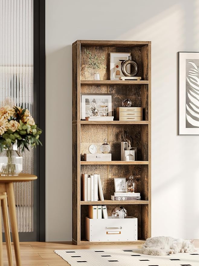 Casaottima 5-Tier Open Bookshelf and Bookcase, Floor Standing Display Storage Shelves for Living Room, Tall Book Shelf for Bedroom, Home Office, Dining Room, Vintage