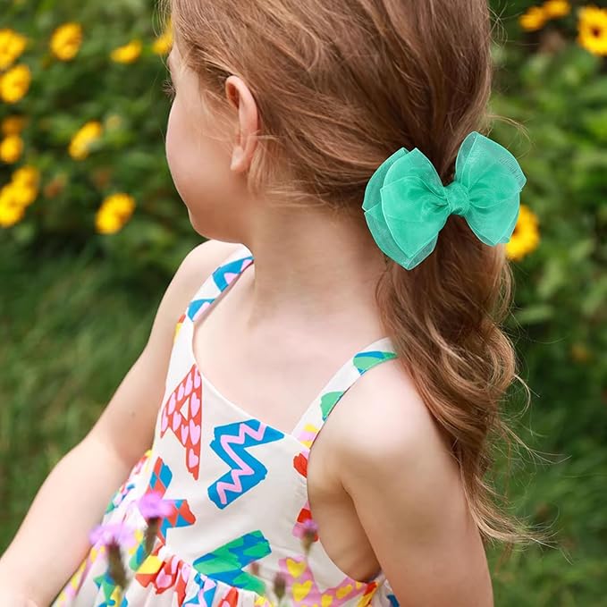 Green Hair Bow Clips 4 inch Mesh Ribbon Tulle Hairbow Barrettes Cute Handmade Christmas Party Dress outfit Decoration Accessories Easter Gift for School Kids Teens Toddler Girls Women