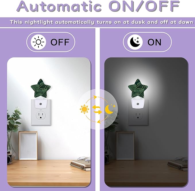 Gold Green Decorative Nightlight Plug in Wall,Tropic Leaves Star Shaped Night Light with Built in Sensor for Home Decor,Kitchen Hallway Stairs Desk Lamp