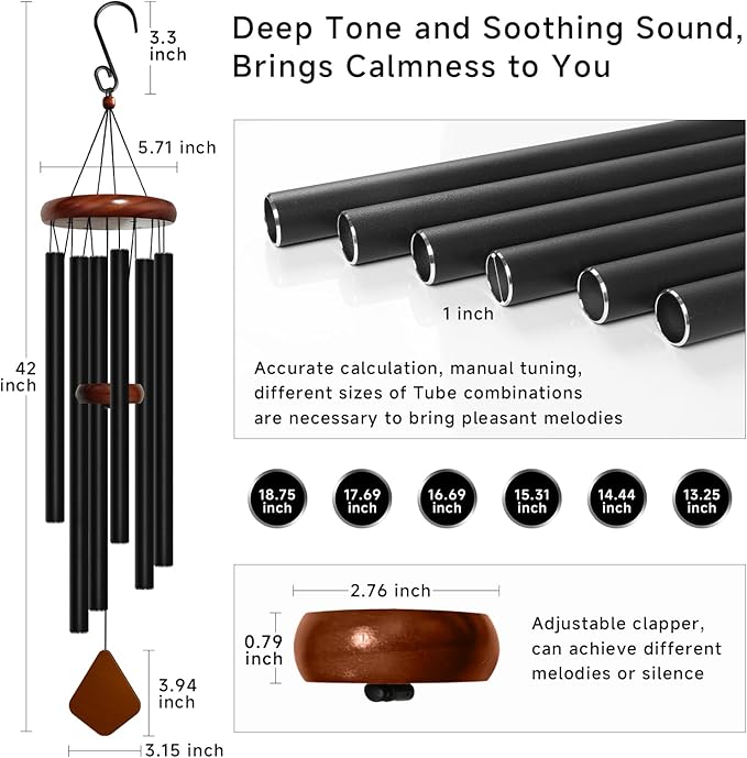 42'' Wind Chimes for Outside Deep Tone, Large Wind Chime, 6 Heavy Duty Tubes Metal Extra Large Wind Chimes Outdoor, Decoration for Garden, Patio, Yard, Gifts for Mother's Day(Rhombus)