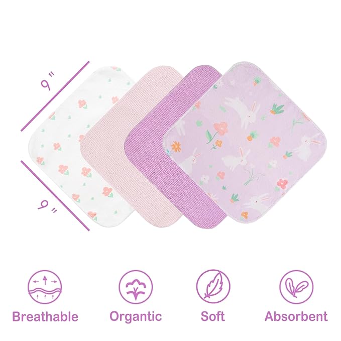 Viviland Baby Washcloths, Super Soft Baby Bath Towels for Newborn 24 Pack, Absorbent Face & Body Wash Cloth for Baby Girl, Purple-Rabbit Pattern, 9 x 9 inch