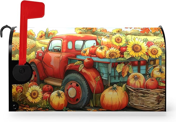 Fall Autumn Pumpkins Mailbox Covers Magnetic Large Size 25.5 X 21 Inch Autumn Harvest Yellow Sunflower Mailbox Wraps Cover Red Truck Thanksgiving Letterbox Cover for Garden Yard Outdoor Decor