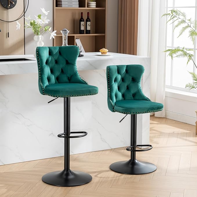 PacknWood Acosure Swivel Velvet Bar Stools Adjusatble Seat Height from 25-33" with 17.7" Base, Modern Upholstered Chairs W/Backs Comfortable Tufted,for Home Pub,Kitchen,Green,Set of 2