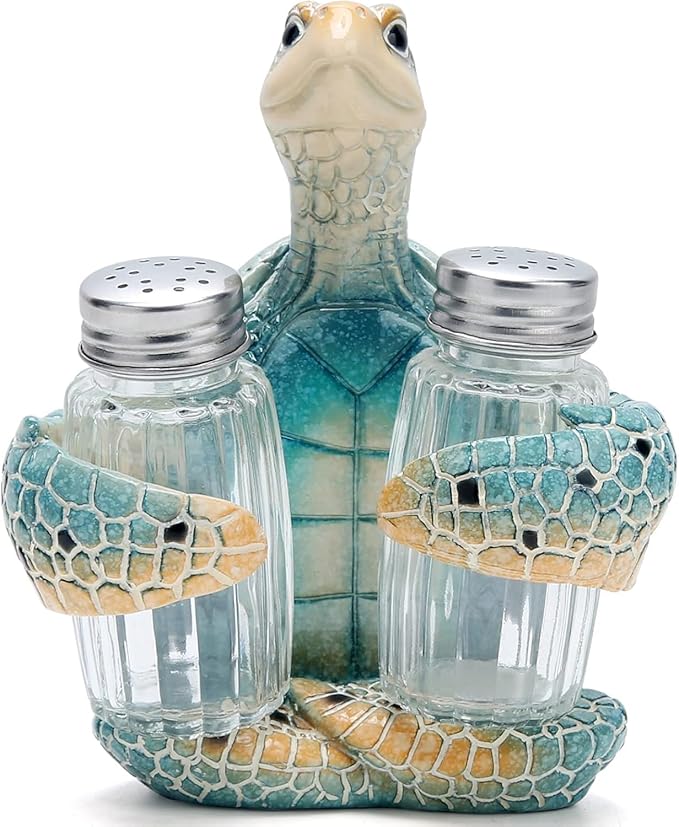 Decorative Blue Sea Turtle Salt and Pepper Shaker Holder, Coastal Kitchen Decor (Blueturtle)