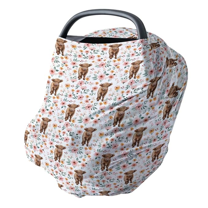 HawSkgFub Highland Cow Floral 5-in-1 Car Seat Cover for Baby Girl Cow Lover Gift, Western Cowgirl Retro Boho Flower Privacy Breastfeeding Nursing Cover, Newborn Infant Multi-use Carseat Canopy Carrier