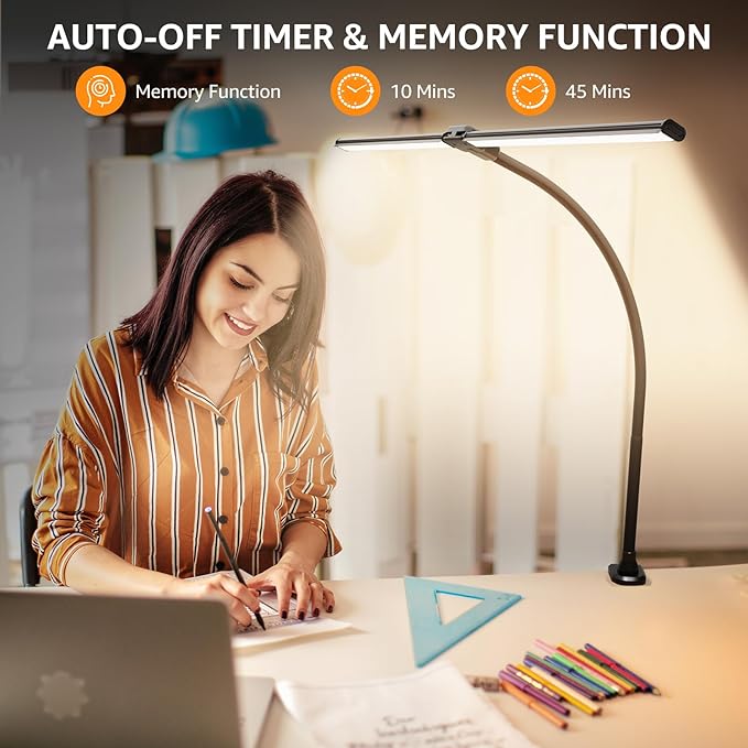 ShineTech LED Desk Lamp, 31.5" Ultra Wide Double Head Architect Light with Clamp, 50 Adjustable Lighting Modes, Eye-Caring Bright Task Lamp for Home Office, Large Monitor, Memory & Auto-Off Timer