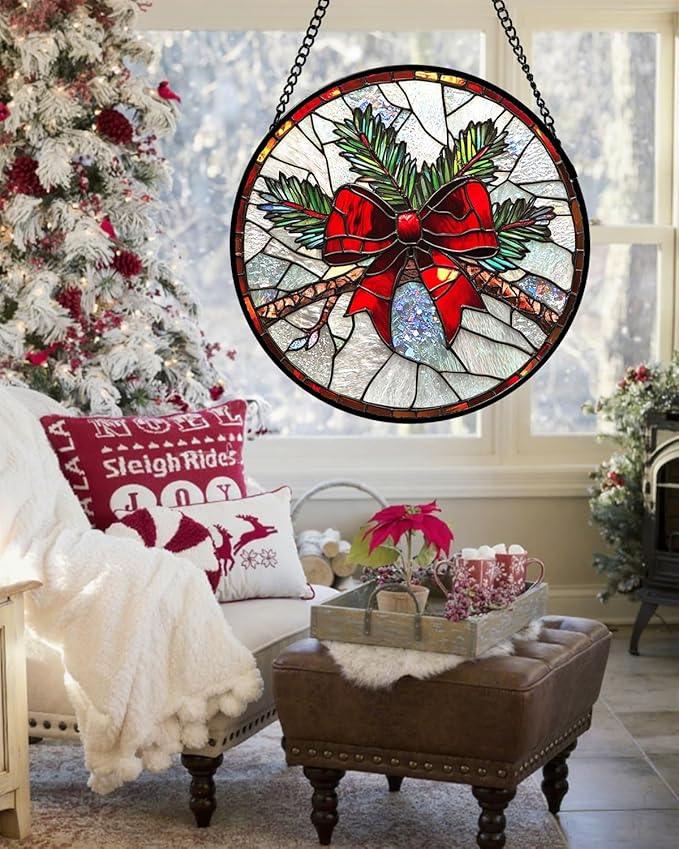 Stained Glass Window Hanging - Pine Branches Red Bow Suncatcher for Doors Home Christmas Decoration Silver Sun Catcher Thanksgiving New Year Birthday Gifts for Women Men Mom Nana 6.3 in