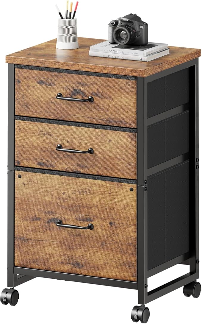 3 Drawer Mobile File Cabinet with Wheels Fabric Vertical Filing Cabinet fits A4 or Letter Size for Home Office,Rustic Brown2
