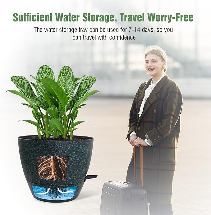 WOUSIWER 10 inch Self Watering Planters, 2 Pack Large Plastic Plant Pots with Deep Reservior and High Drainage Holes for Indoor Outdoor Plants and Flowers, Speckled Black with Green