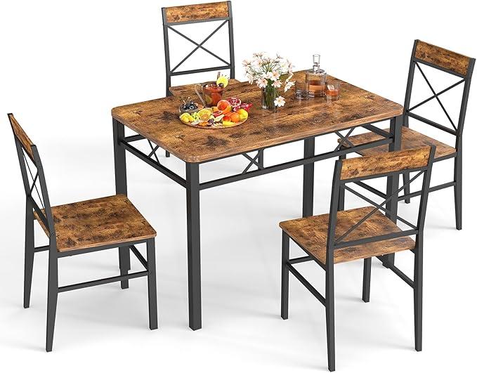 5-Piece Dining Table Set, Dining Table Set for 4, Small Kitchen Table Set for 4, Wood Dining Room Table, with 4 Curved Backrest Chairs, Compact Dining Set for Small Spaces & Kitchen-Brown