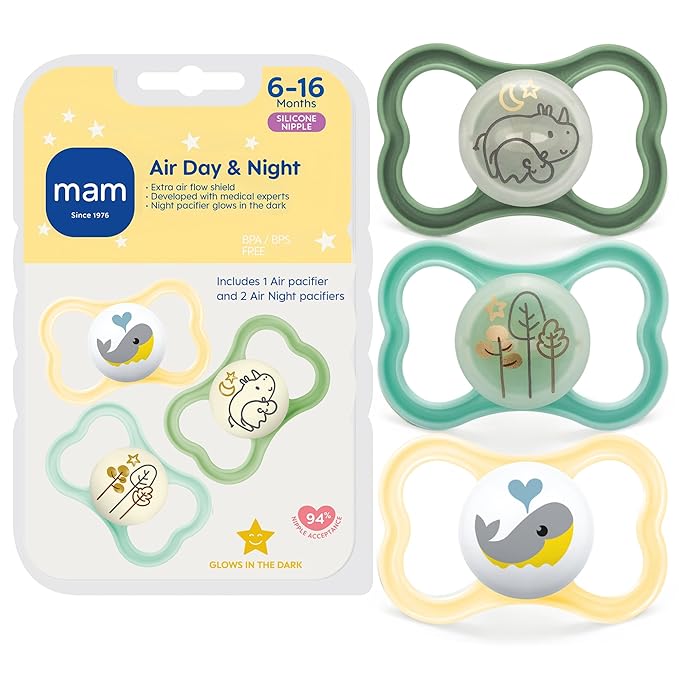 MAM Air Pacifier for Babies 6-16 Months, Extra Air Flow for Sensitive Skin, Glows in The Dark, Developed with Medical Experts, BPA-Free Skin Soft Silicone, 3 Count, Made in Europe