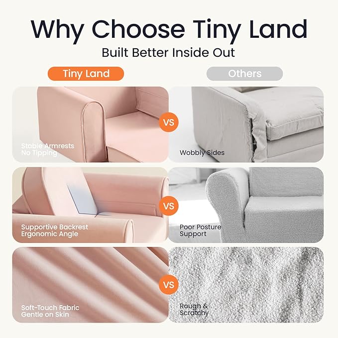 Tiny Land 2-in-1 Foldable Kids Couch with Pockets – Soft Thick Toddler Sofa, Lounger Couch, Convertible Kids Chair for Playroom, Bedroom or Living Room, Gift for Boys & Girls (Pink)