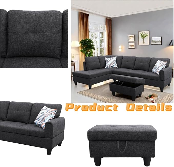 L Shaped Sectional Couch with Otttoman, 97" Sectional Sofa for Living Room Flannel Modular Couches with Cup Holders for Bedroom, Apartments, Black Grey