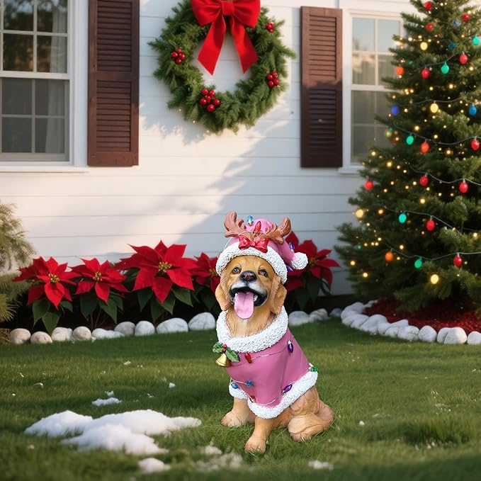 Christmas Outdoor Decoration Dog Statue, LED Light Cute Golden Retriever Dog Sculpture with Pink Santa Outfit & Lights for Garden and Yard, Indoor Holiday Décor Gift for mom and dad