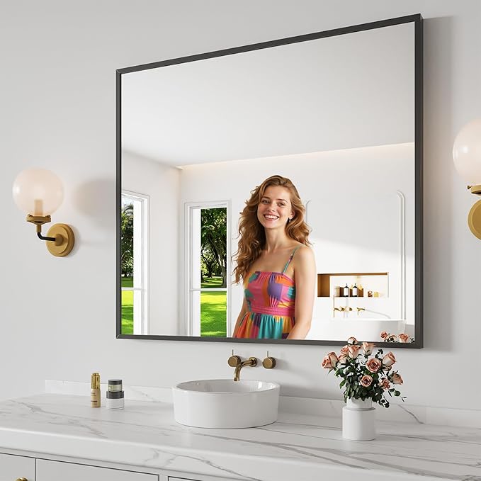Koonmi Bathroom Mirror 36x40 Bathroom Wall-Mounted Mirrors, Modern Vanity Mirror for Bedroom, Living Room, Aluminum Alloy Frame Allow to Hang Horizontally or Vertically