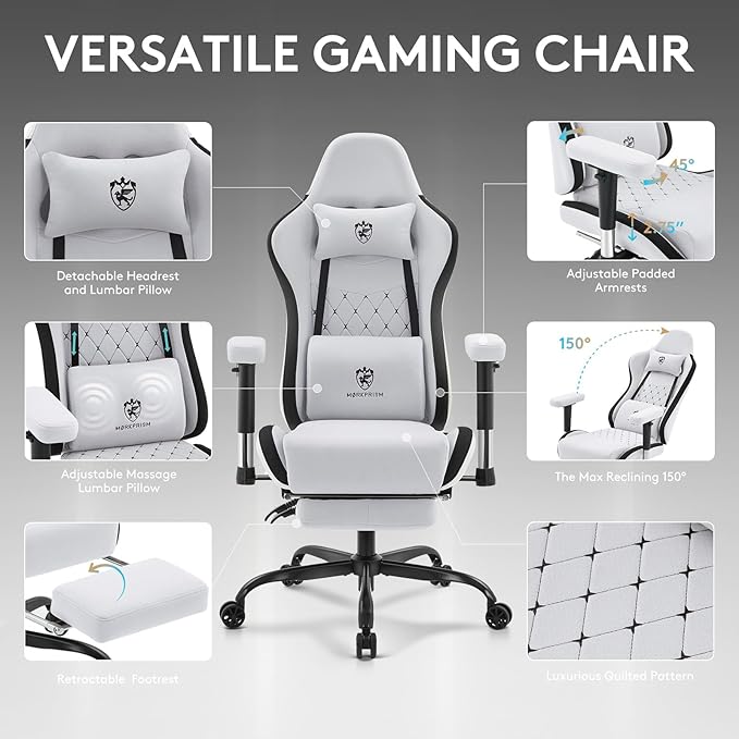 Gaming Chair Breathable Fabric,Computer Office Chair with Footrest,Massage Lumbar Support and Gel Pad,Ergonomic Reclining Gamer Chair with Adjustable Armrests and Spring Cushion Grey Black