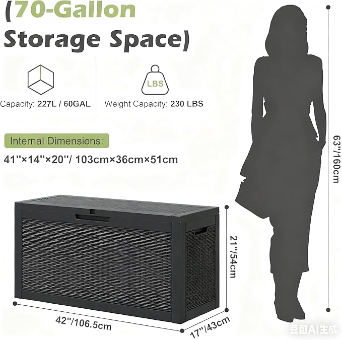 Outdoor Storage Box, Resin Deck Boxes Indoor and outdoor, Waterproof Storage Box Lockable Lid (Black, 70 Gallon)