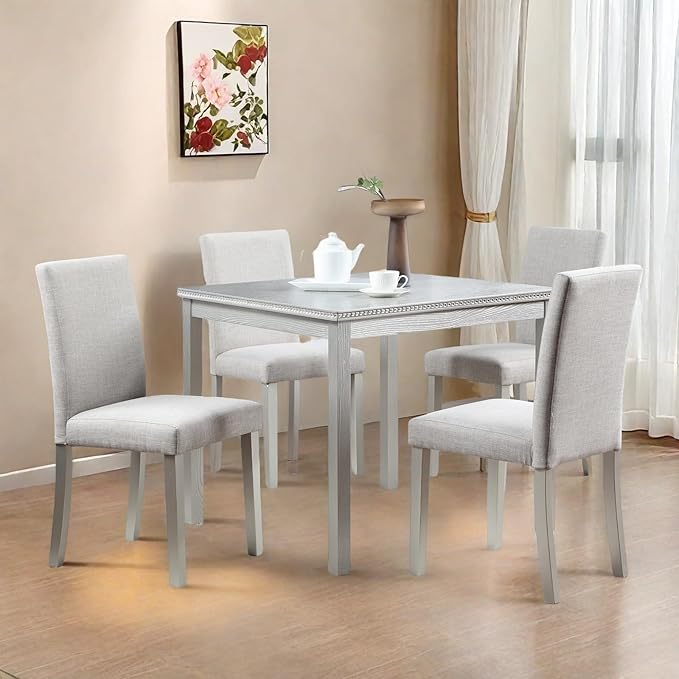 Dining Table Set for 4, 5-Piece Kitchen Table & Chairs Set with Versatile Square Table & 4 Upholstered Chairs, 34.5'' Dinner Set with Crystal Decorations & Wood Grain Design, Silver Gray